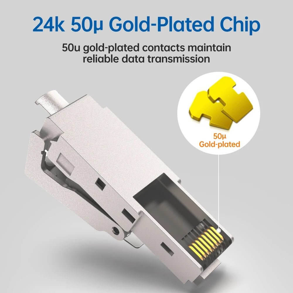 24k gold-plated RJ45 connector with 50u contacts for reliable data transmission
