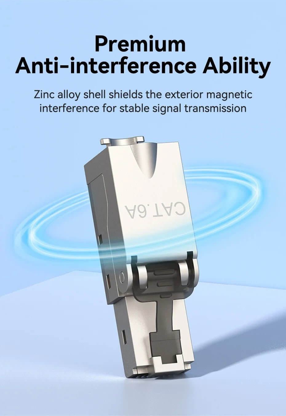CAT6A RJ45 connector showcasing zinc alloy shell for enhanced anti-interference and stable signal transmission.