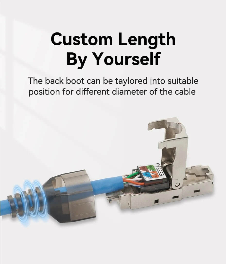Customizable CAT6A RJ45 connector showing adjustable back boot for different cable diameters.