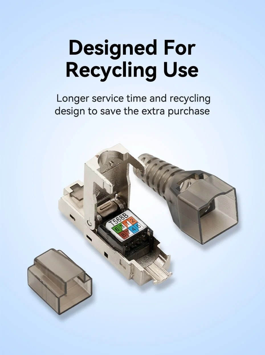 RJ45 connectors showcasing a recycling-friendly design for extended service life and cost savings.