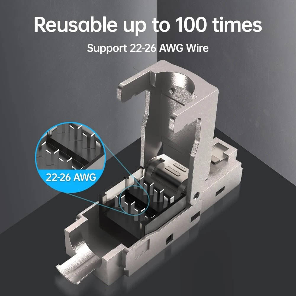 Close-up of a reusable RJ45 connector, supporting 22-26 AWG wire, showcasing its modular design and durability.