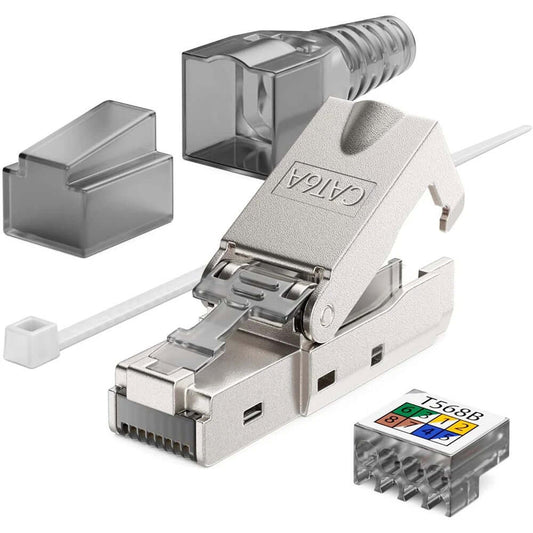 Zinc alloy RJ45 CAT6A connector with protective covers and cable management tools for Ethernet termination.