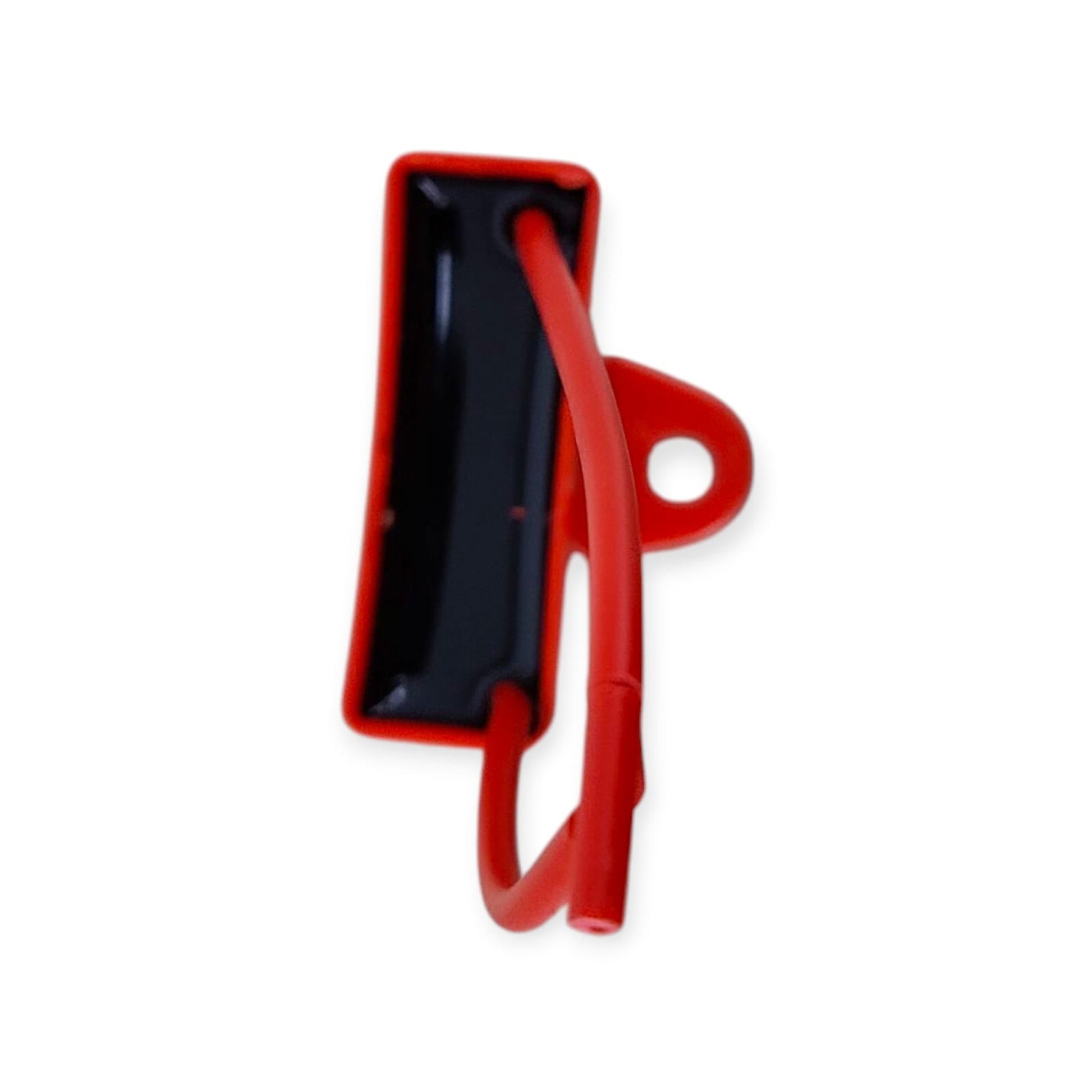 Side view of a red CBB61 capacitor showing the mounting tab and epoxy seal.