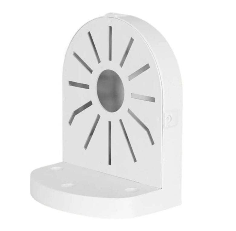 Front view of a white universal CCTV dome camera ceiling mount bracket, showing the universal mounting pattern