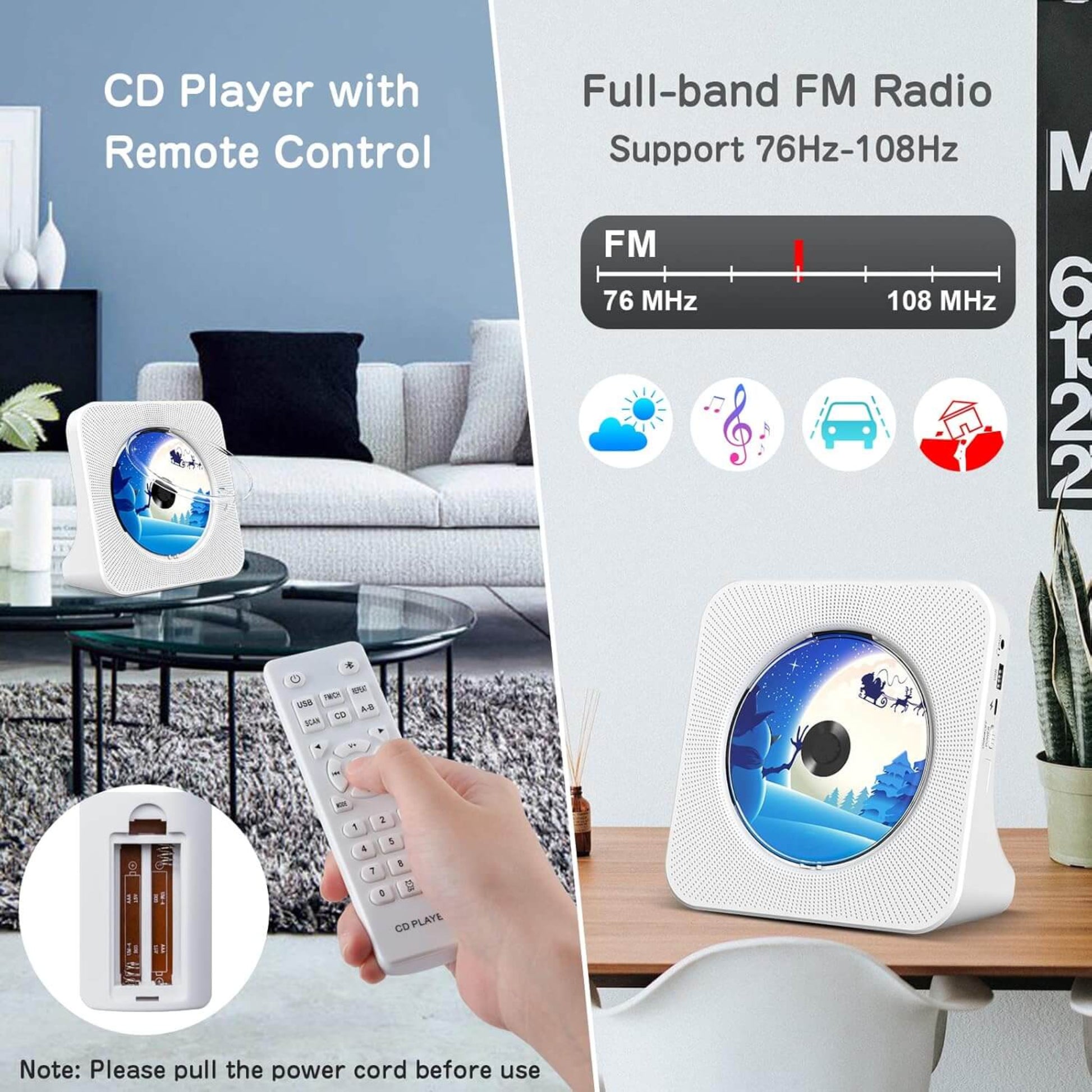 Bluetooth CD player with remote control, FM radio, and built-in speakers in stylish design.