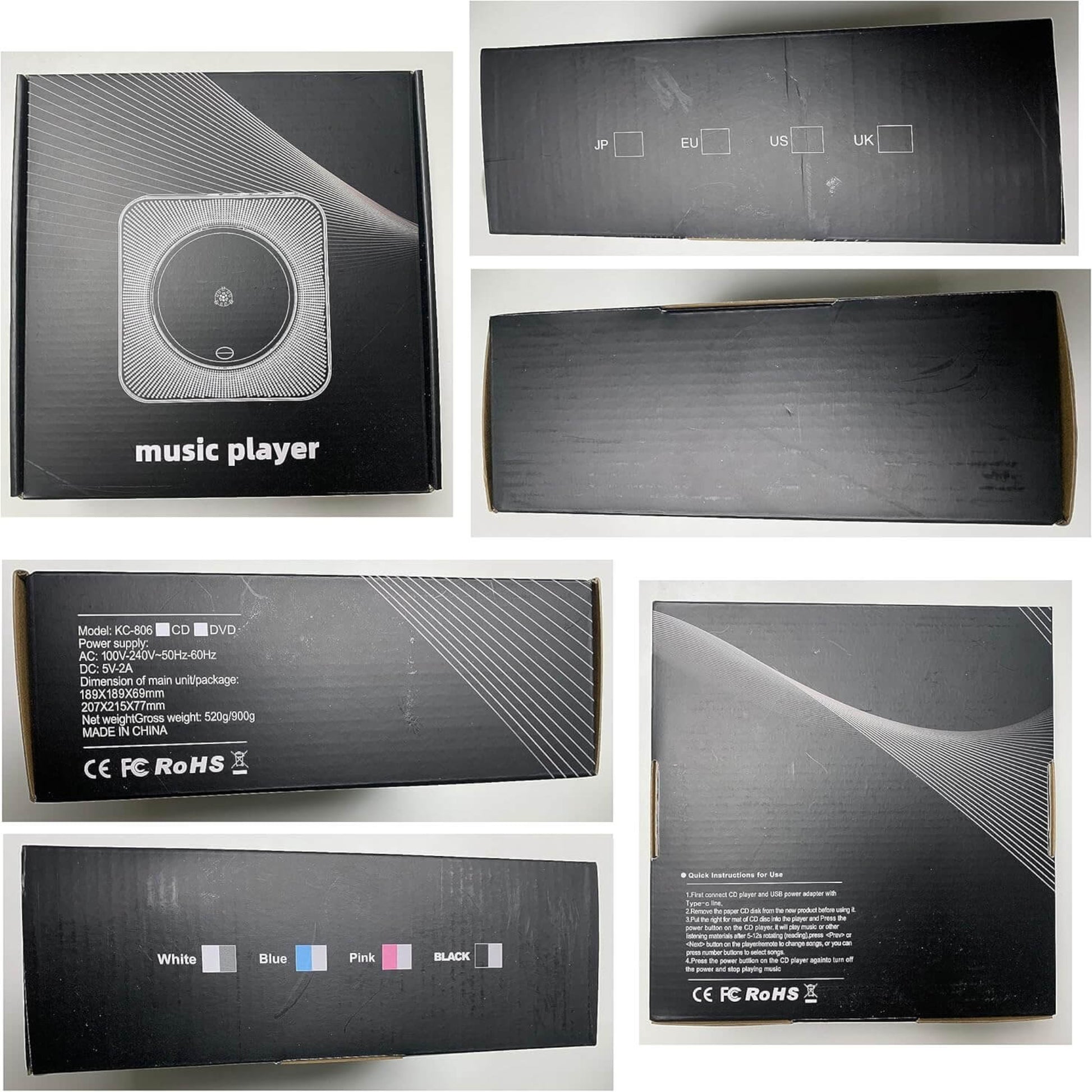 Image of music player packaging showing model details, color options, and connectivity types.
