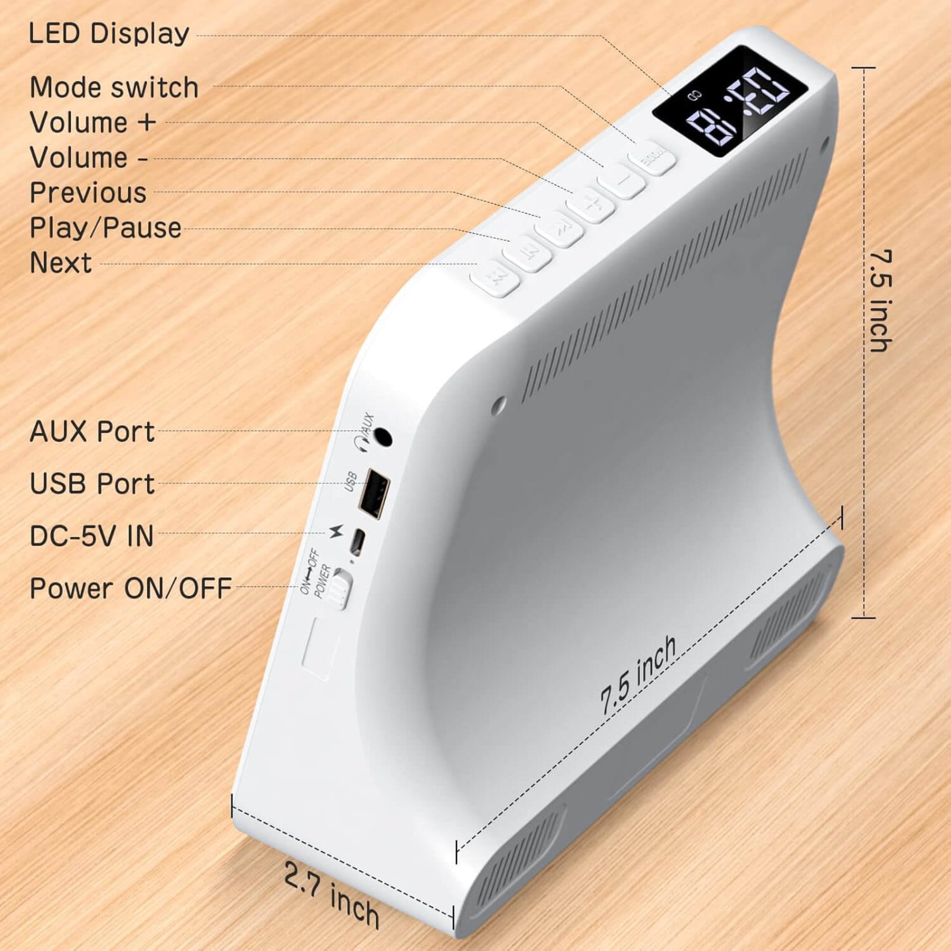 Bluetooth 5.0 CD player features LED display, control buttons, AUX and USB ports, with dimensions 7.5x2.7 inches.