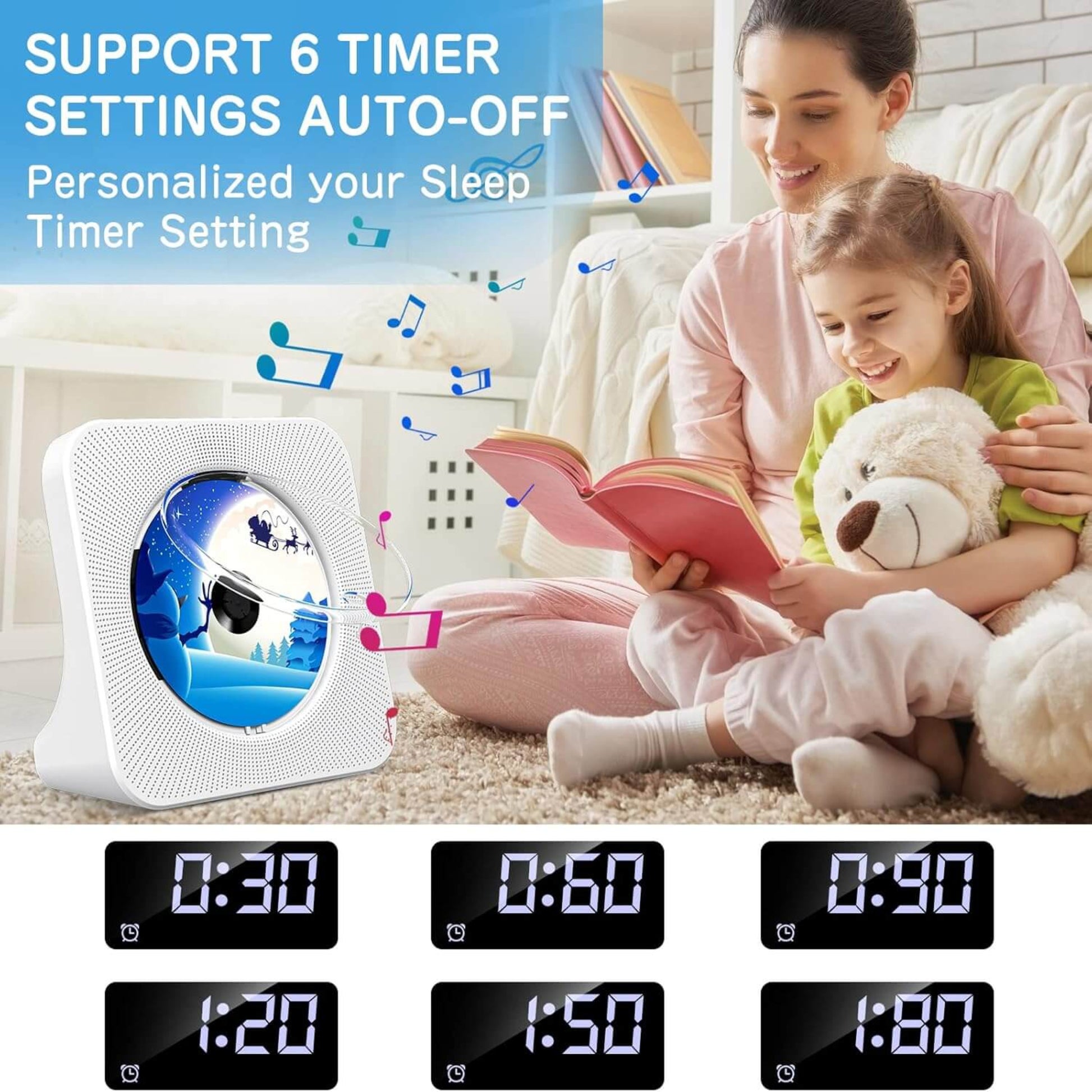 Child and parent reading together with a timer speaker that supports 6 auto-off settings for sleep.