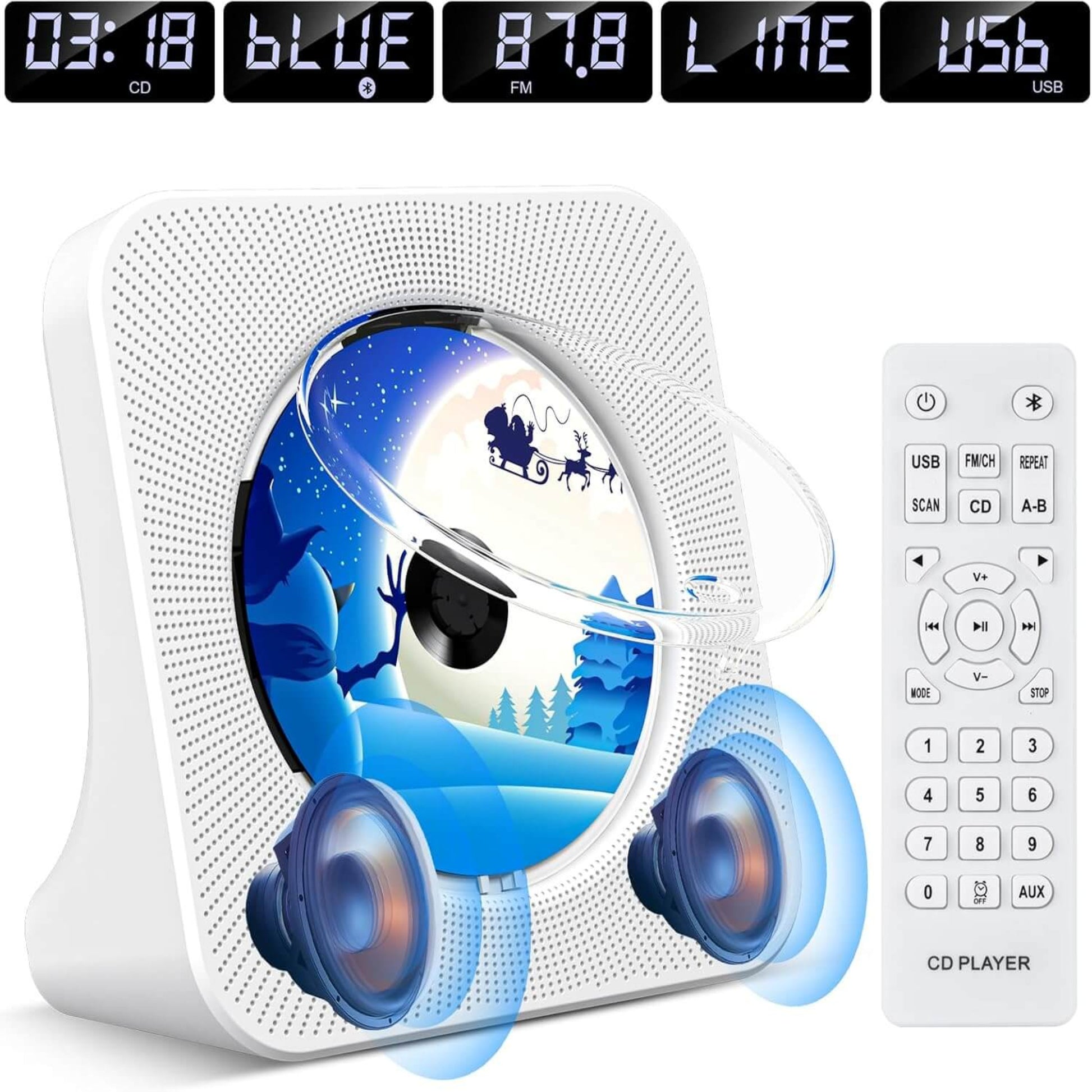 Bluetooth CD player with Hi-Fi speakers and remote control, featuring a colorful music-themed design.