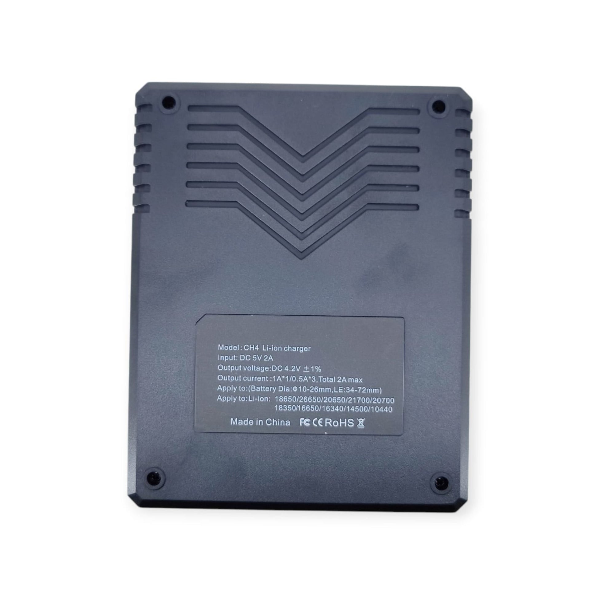 CH4 4-Slot USB-C Li-ion Battery Charger for 18650/26650/21700 back view showing specifications and model details.