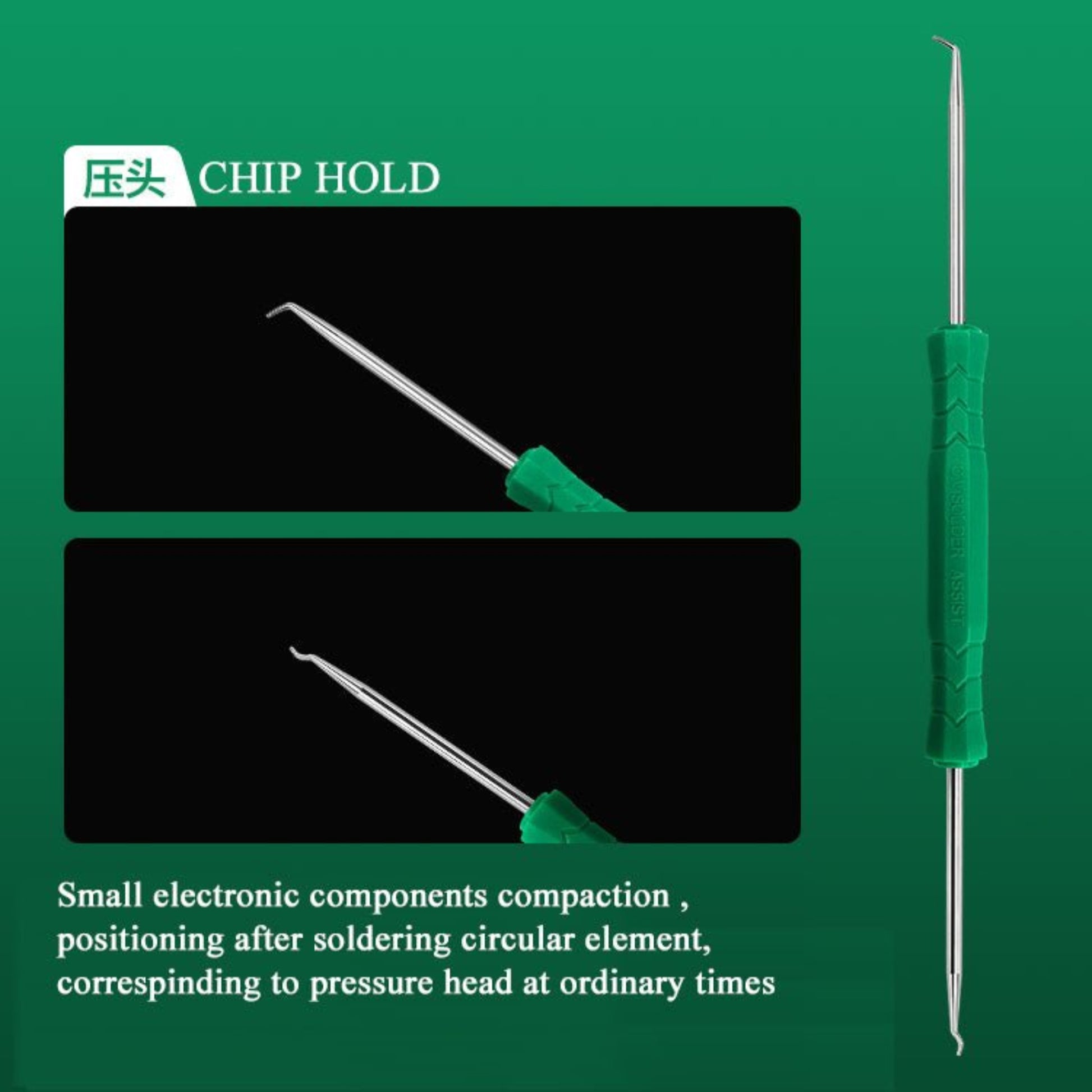 Soldering chip hold tool for electronic components, ideal for positioning after soldering circular elements.