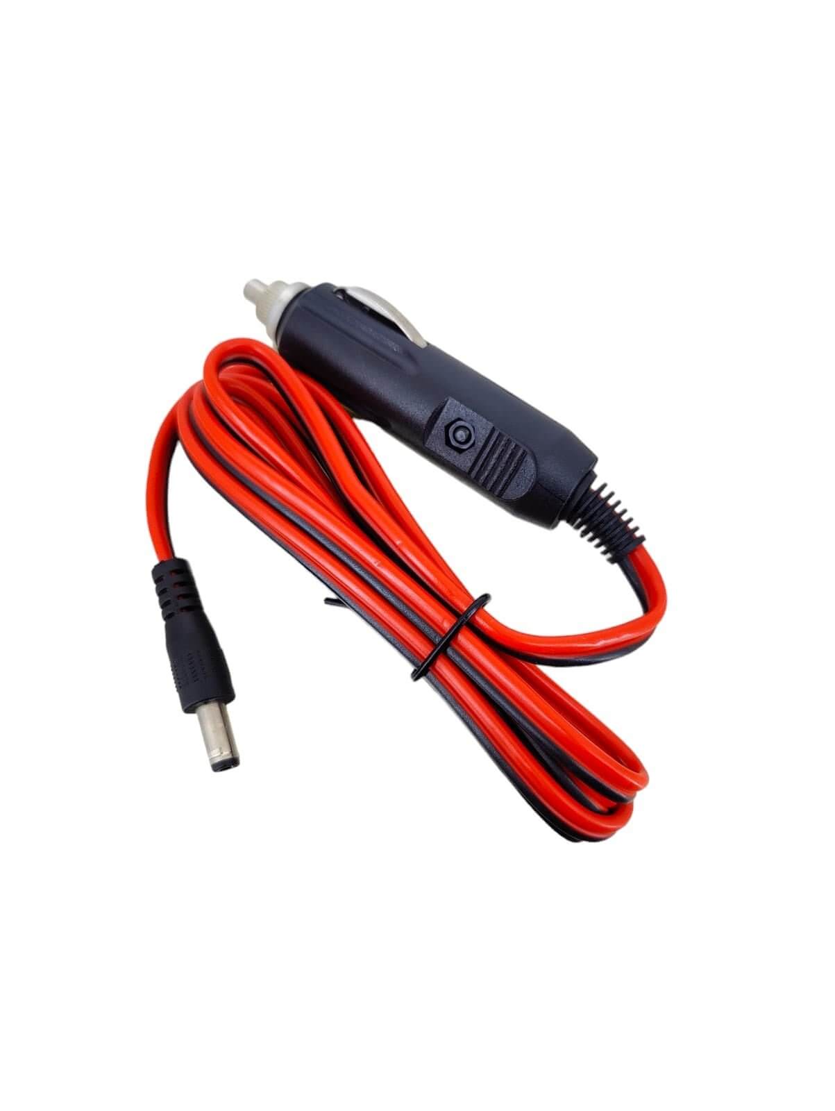 12V car cigarette lighter to DC 5.5mm x 2.1mm power cable with LED indicator and built-in fuse protection.