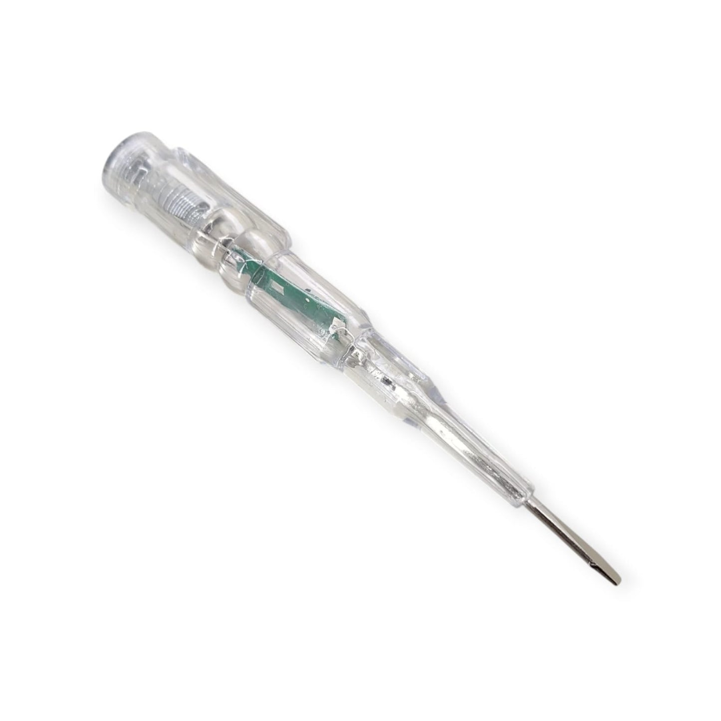 Top-down view of a voltage tester pen with a clear body and flathead screwdriver tip.