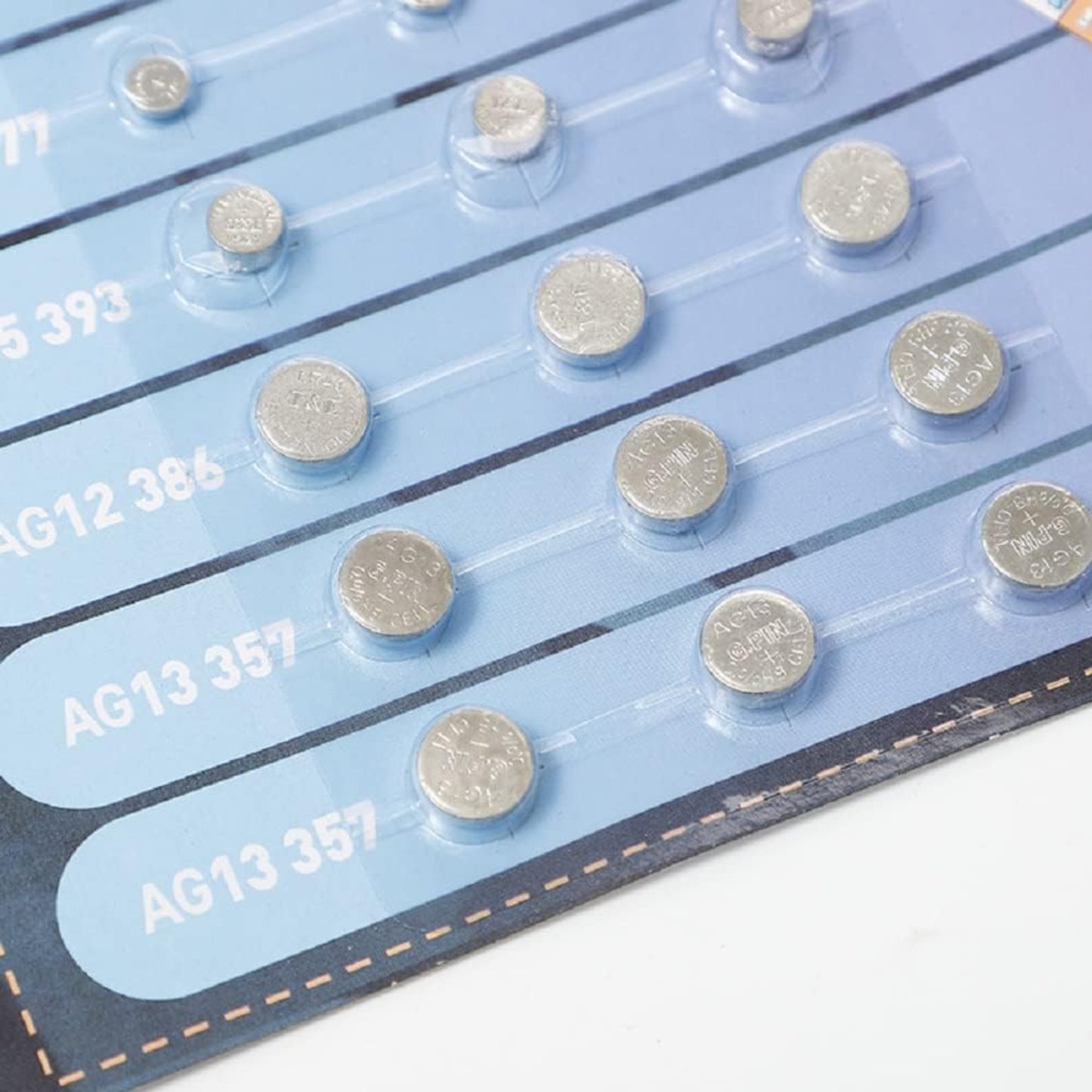 30-pack assorted high-power button cell batteries in six sizes displayed on a blue card.