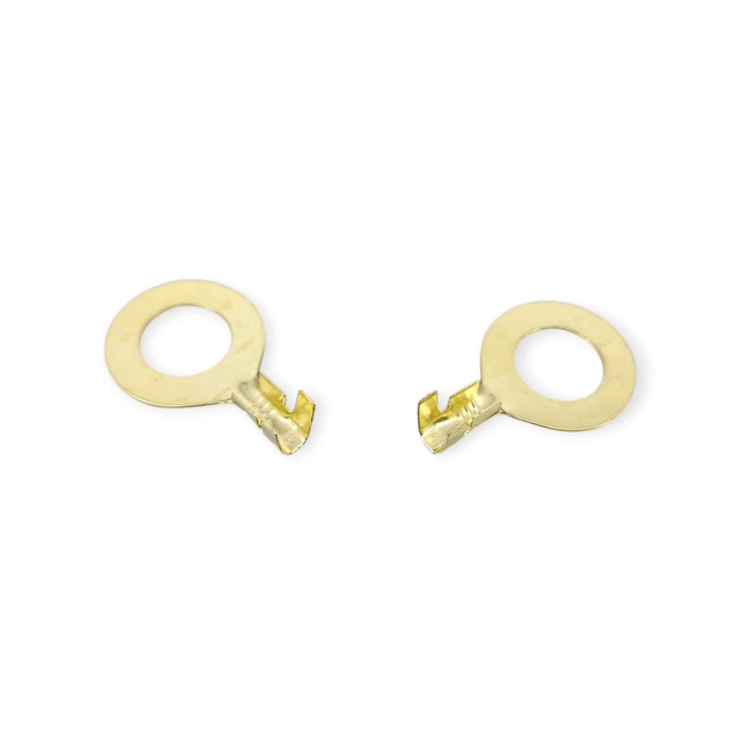 A close-up of two golden brass M10 ring lug terminals, showing the open-barrel crimp area.