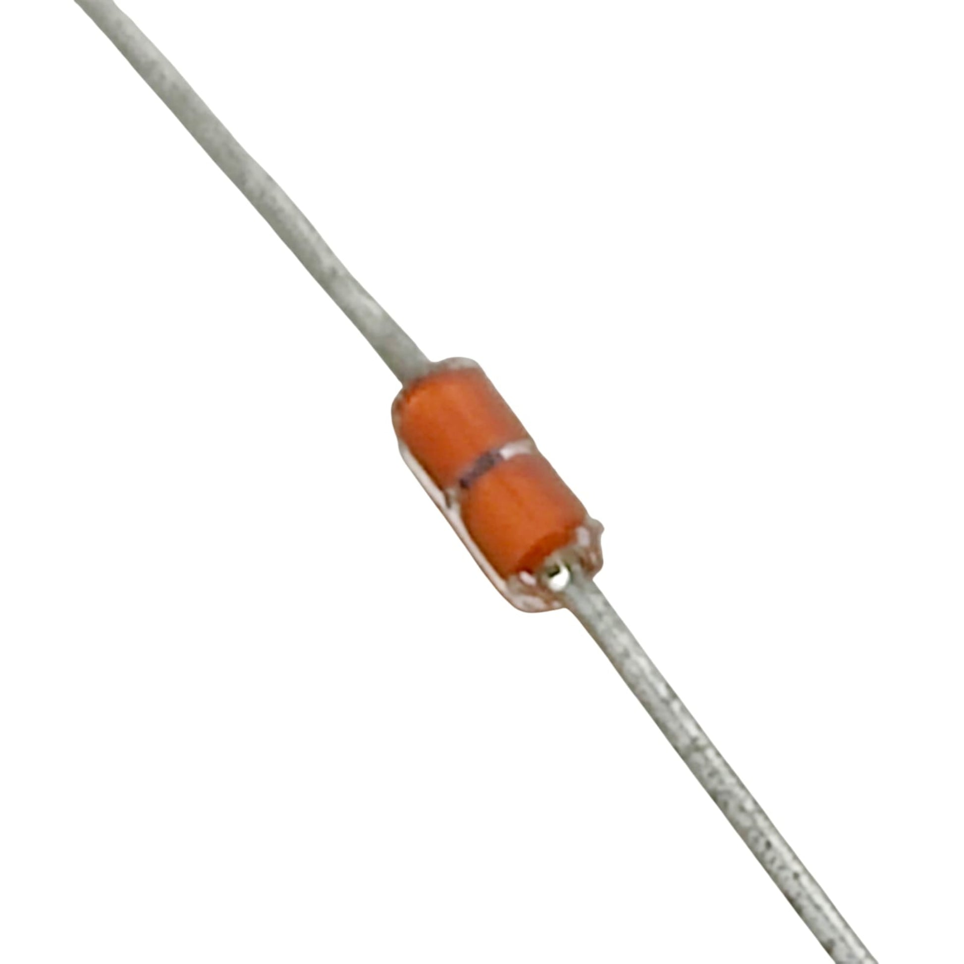 A macro shot of a single glass NTC thermistor, showing its orange body and silver axial leads.
