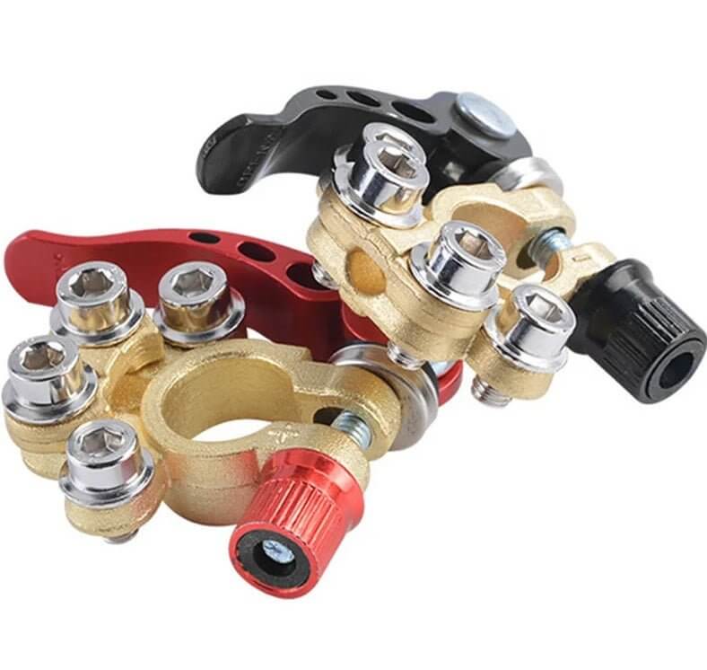 Car battery quick release terminals featuring 12V/24V top post clamps in various colors for easy installation.