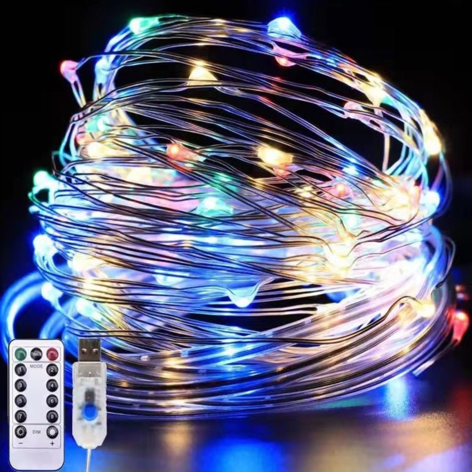 Multicolor USB LED string lights with remote control, copper wire fairy lights featuring 8 lighting modes.