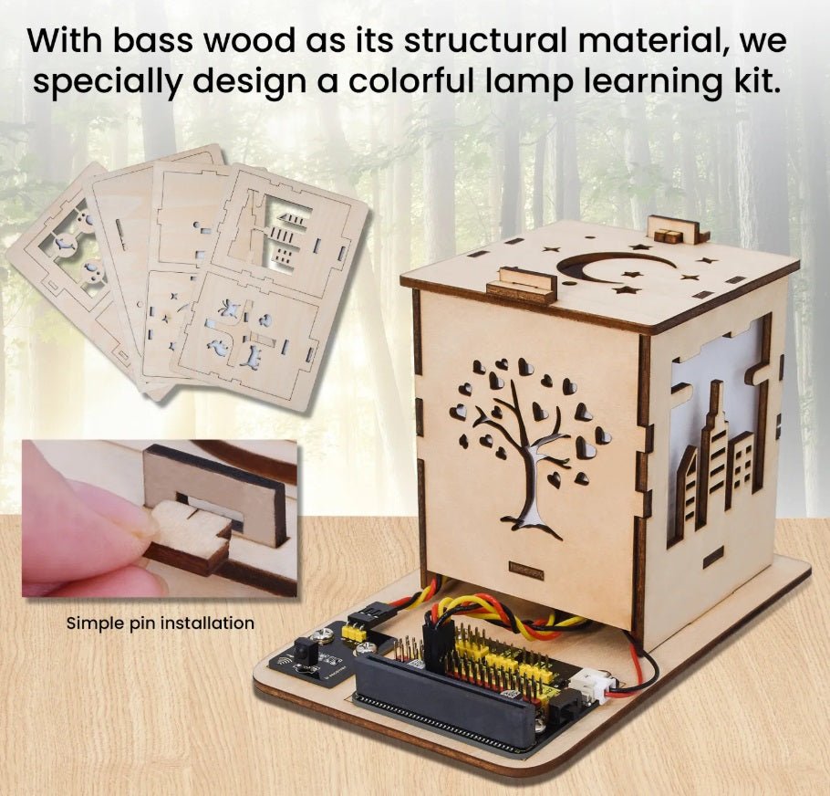 Colorful DIY lamp learning kit made from bass wood, featuring easy pin installation and design templates.