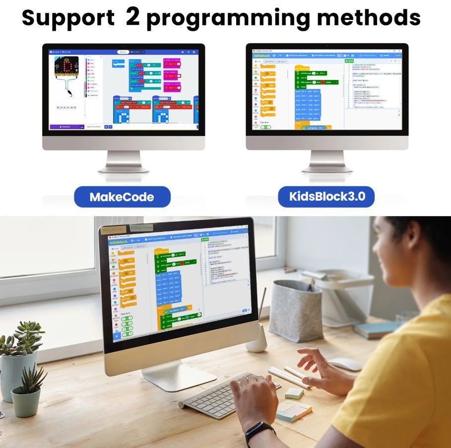 Image showing two programming methods for Micro:bit: MakeCode and KidsBlock3.0 on computers with a user engaging.