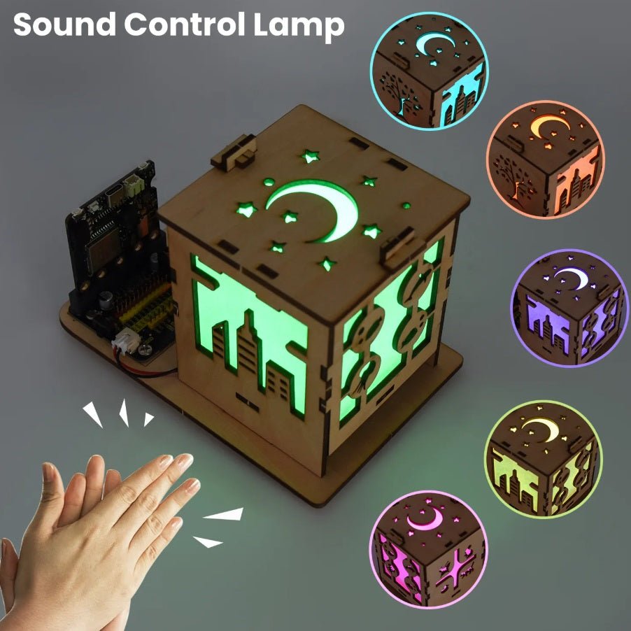 Micro:bit DIY colorful sound control lamp showcasing multiple color options and a hand gesture activation.