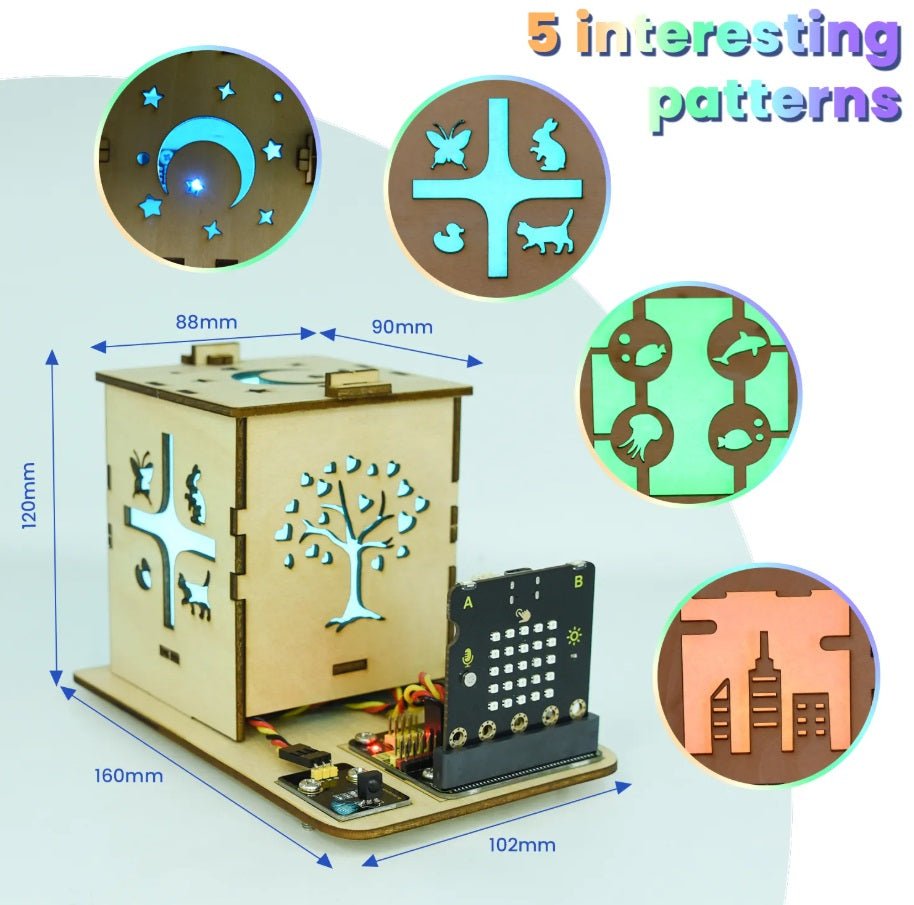 Micro:bit DIY colorful light box kit showcasing 5 patterns; includes dimensions and electronic components for programming.