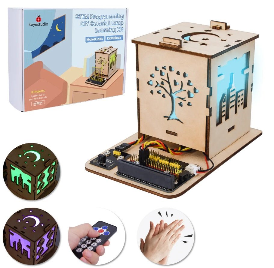 Keyestudio Micro:bit DIY Colorful Light Box Kit, suitable for programming beginners, with remote control and vibrant lights.
