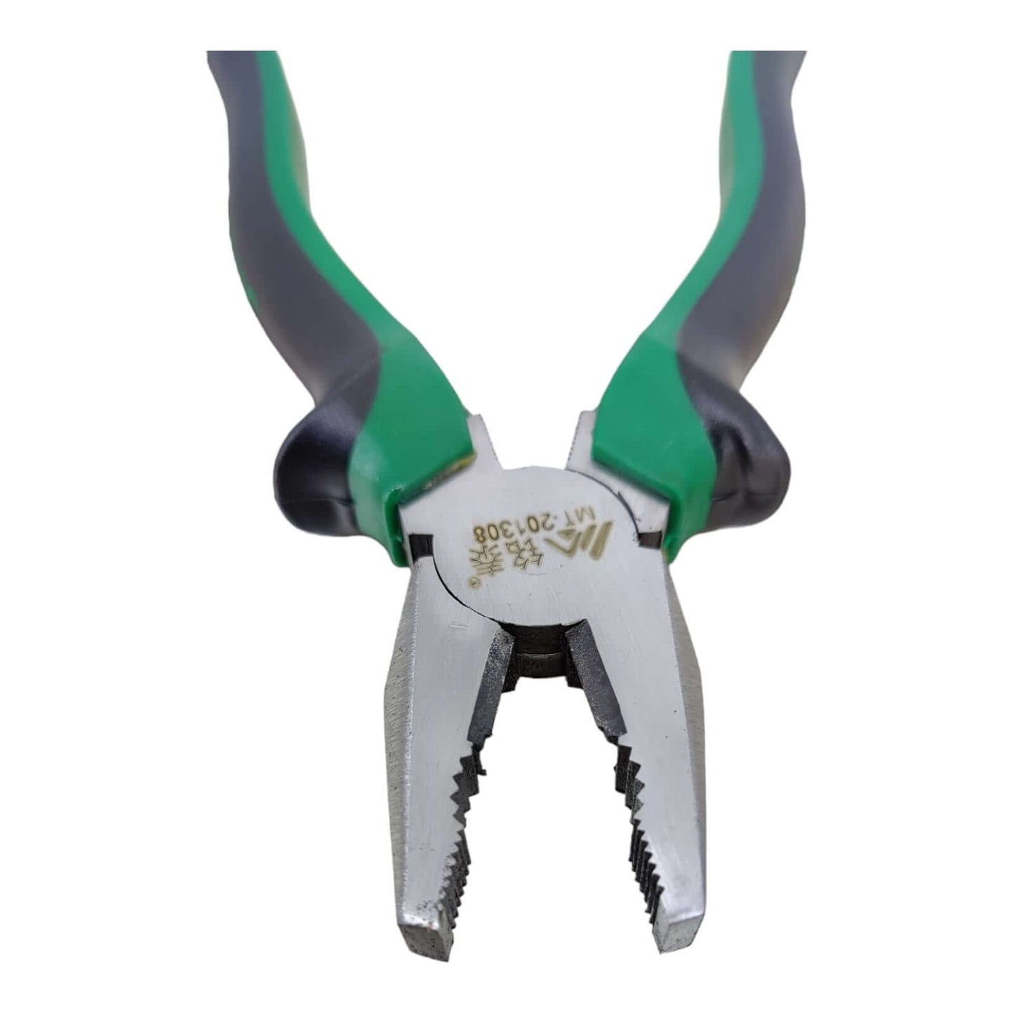 Close up of serrated jaws and cutting edge of 8 inch lineman pliers