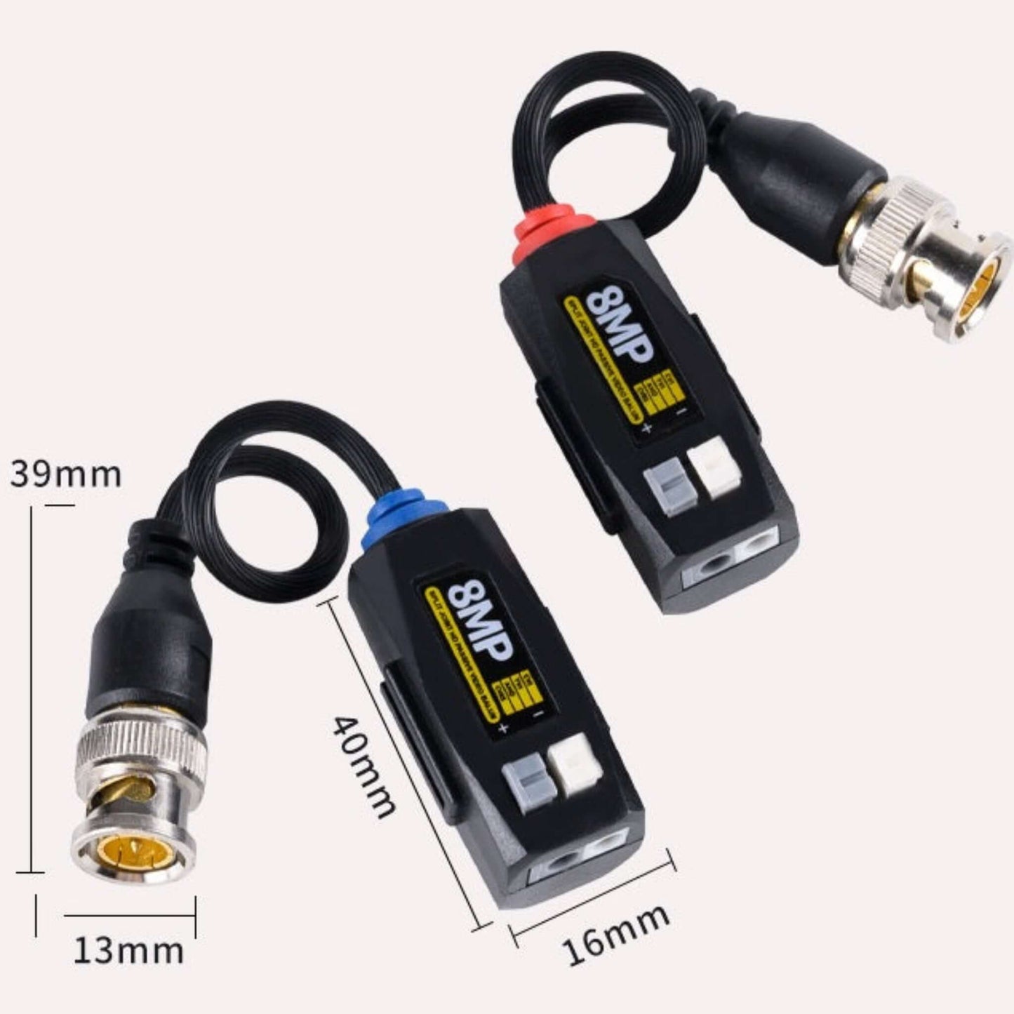 Diagram showing the compact dimensions of the 8MP video balun: 40mm body length, 16mm width, and 39mm pigtail.