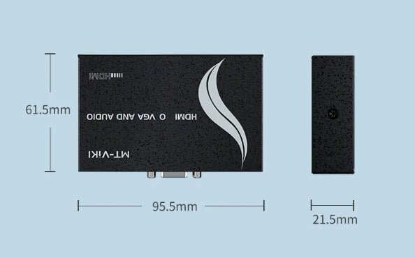 MT-VIKI HDMI to VGA converter dimensions and labeled features on a light blue background.
