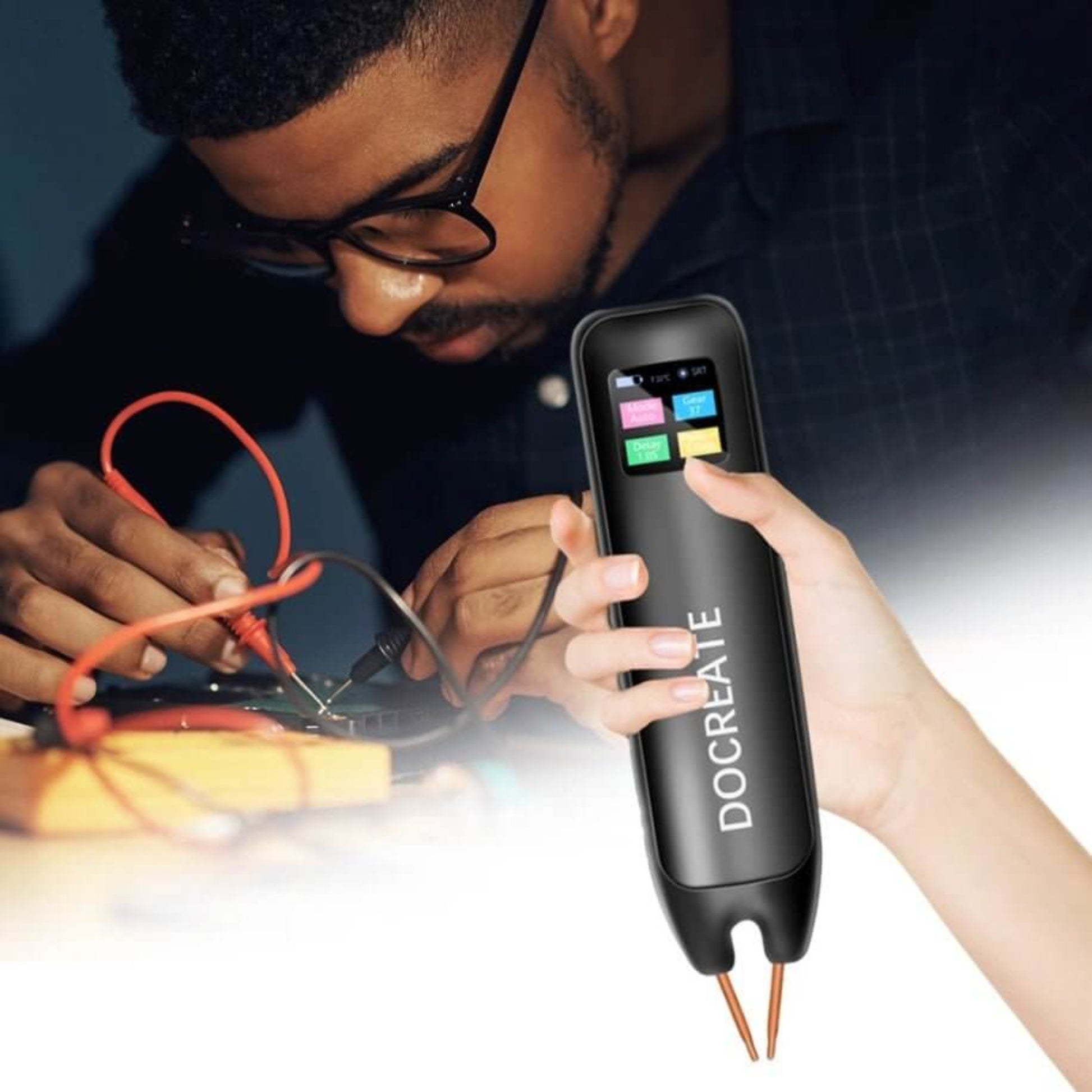 User operating DO CREATE Portable Handheld Spot Welder for battery repairs with precision and ease.