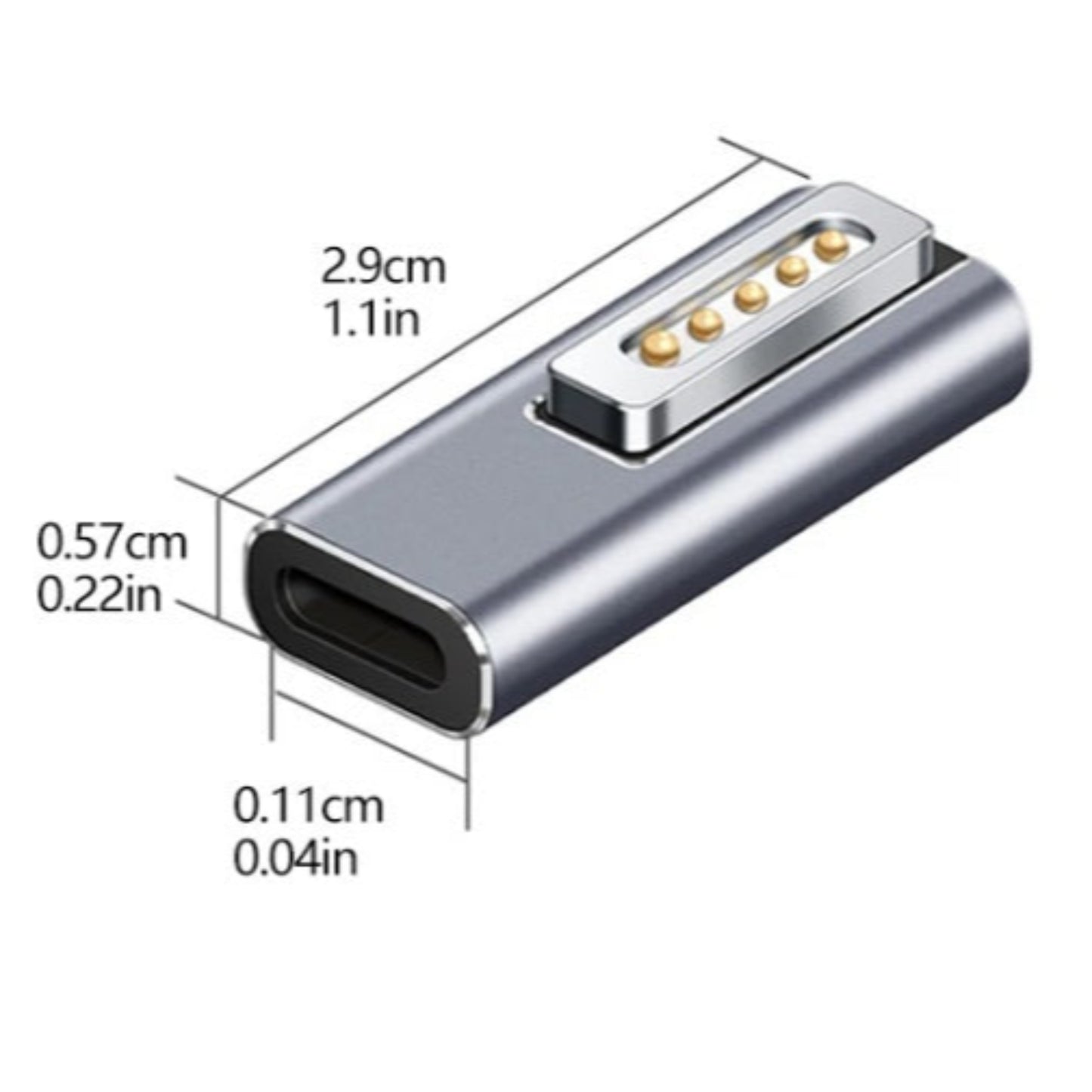 The adapter with its dimensions labelled: 2.9cm (1.1in) length and 0.57cm (0.22in) width.