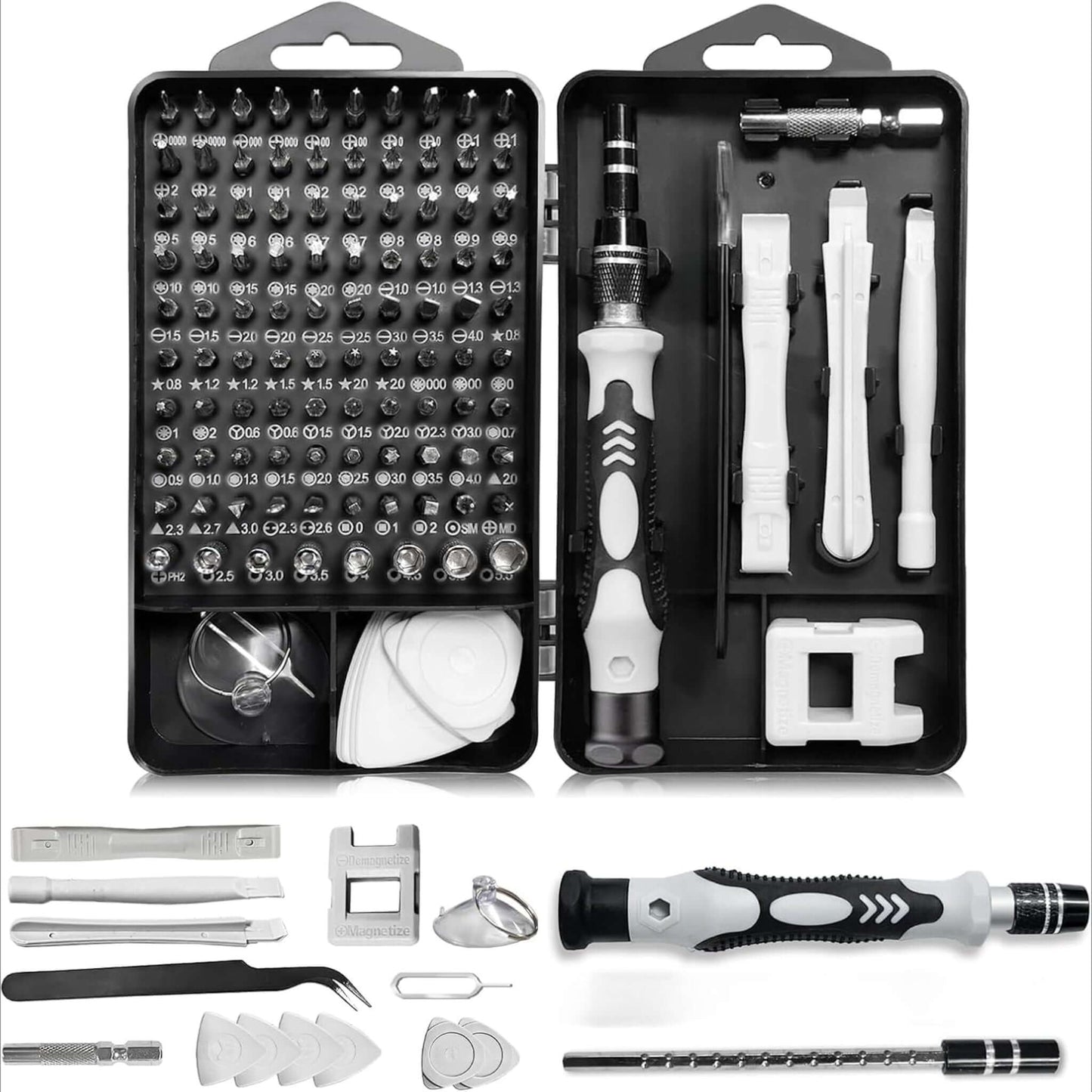 115-in-1 precision screwdriver set in a compact case, featuring multiple bits and tools for electronics repair.