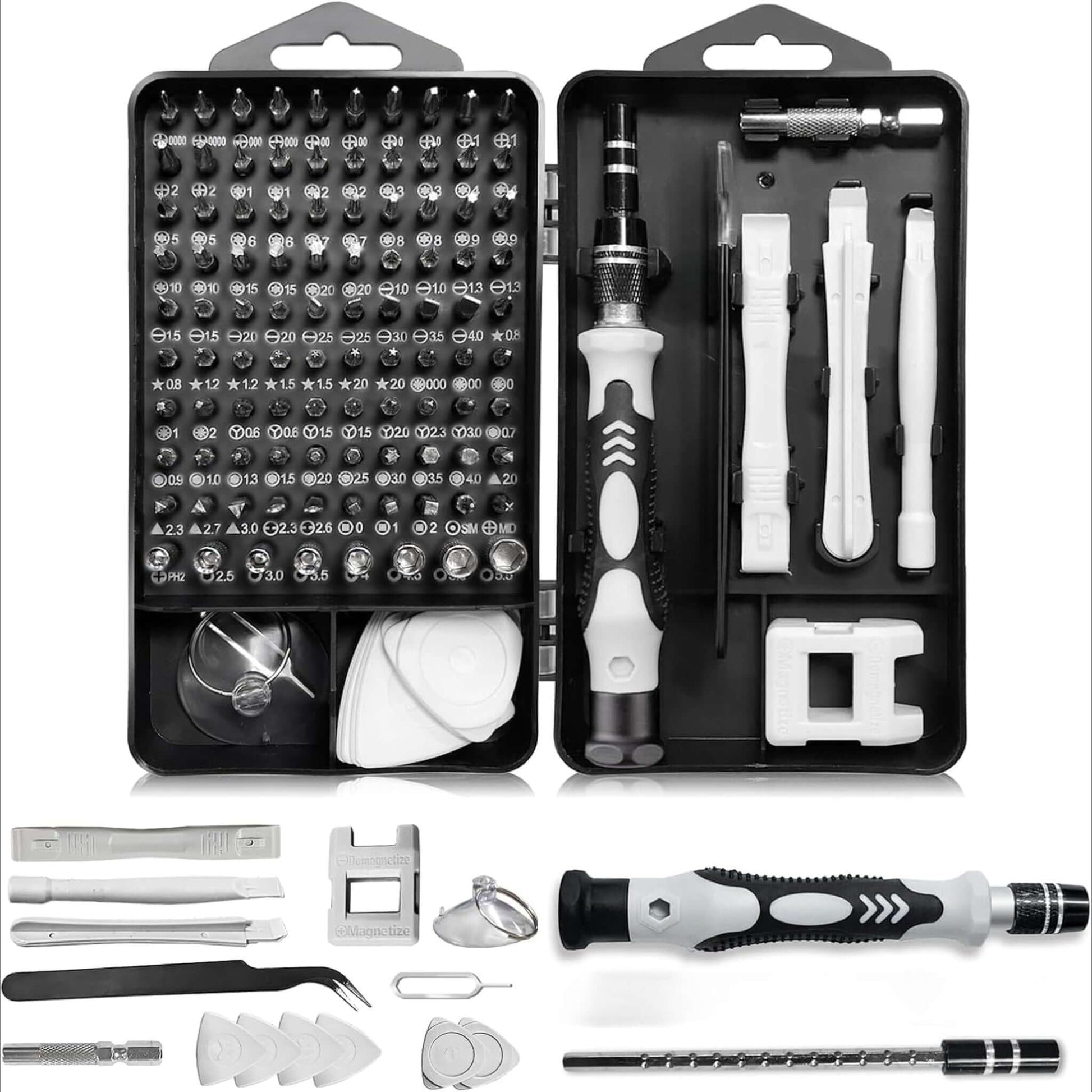 115-in-1 precision screwdriver set in a compact case, featuring multiple bits and tools for electronics repair.