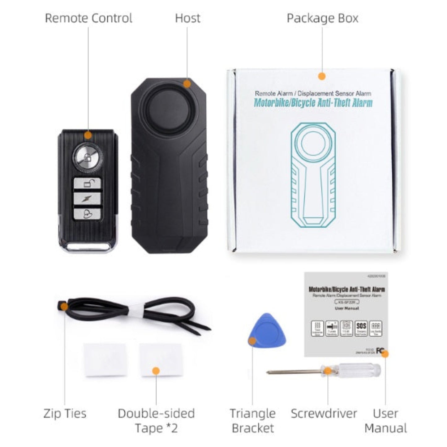 A flat-lay photo of the complete bike alarm kit, including the alarm, remote, tools, and accessories.