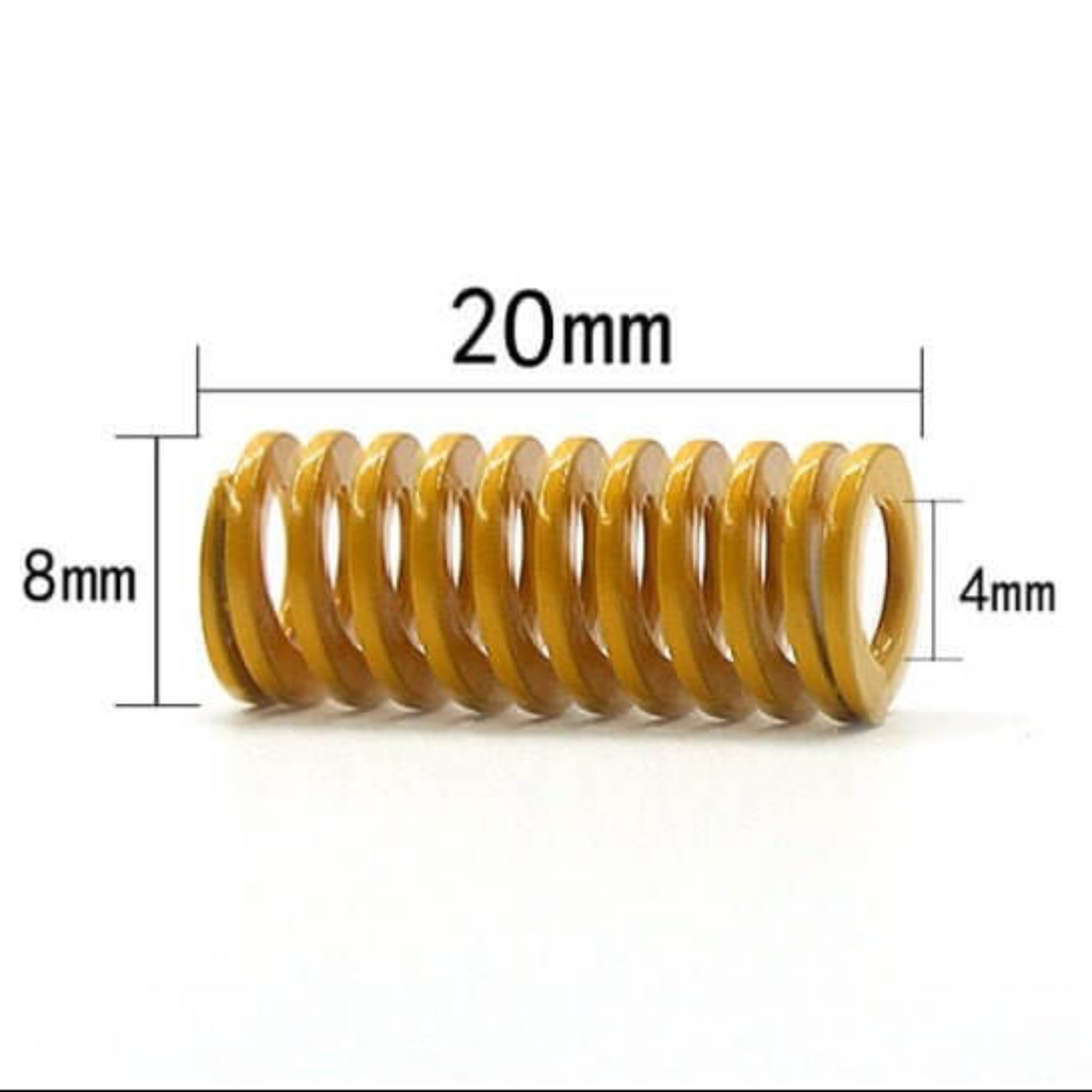 Powerful compression spring showing dimensions of 20mm length, 8mm outer diameter, and 4mm inner diameter.