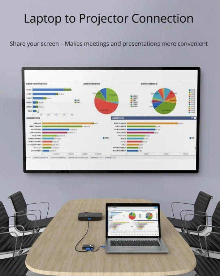 Laptop connected to projector displaying charts for convenient meetings and presentations in a conference room.