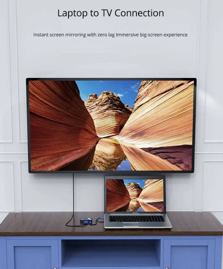 Laptop connected to TV for screen mirroring showcasing stunning 1080P resolution and immersive viewing experience.