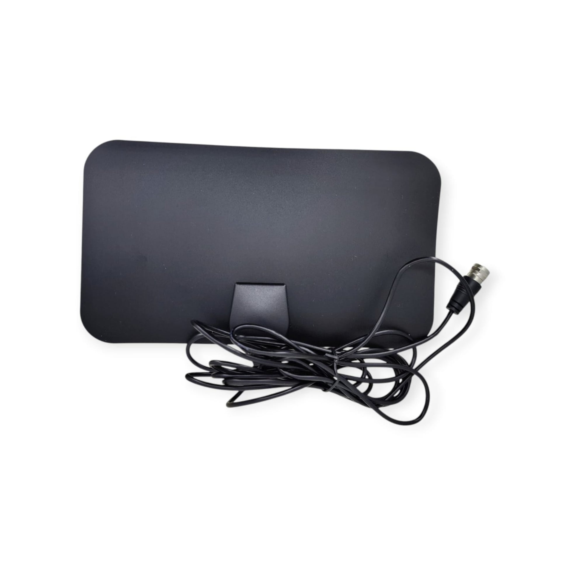The rectangular indoor TV antenna and its coiled coaxial cable on a white background.