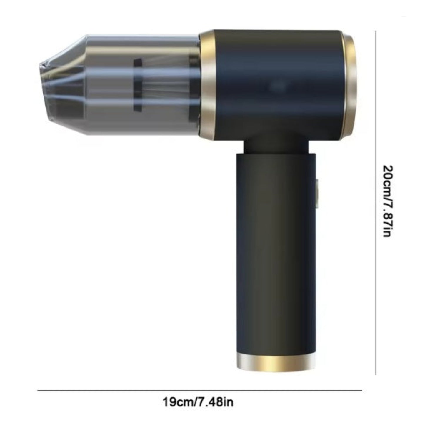 Diagram showing the dimensions of the cordless handheld vacuum, which measures 20cm (7.87in) in height and 19cm (7.48in) in width.