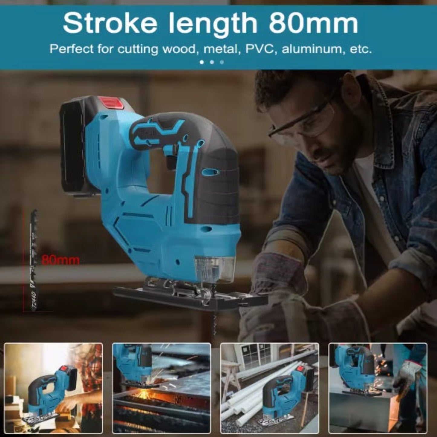 Infographic showing the cordless jigsaw can cut wood, metal, PVC, and aluminum.