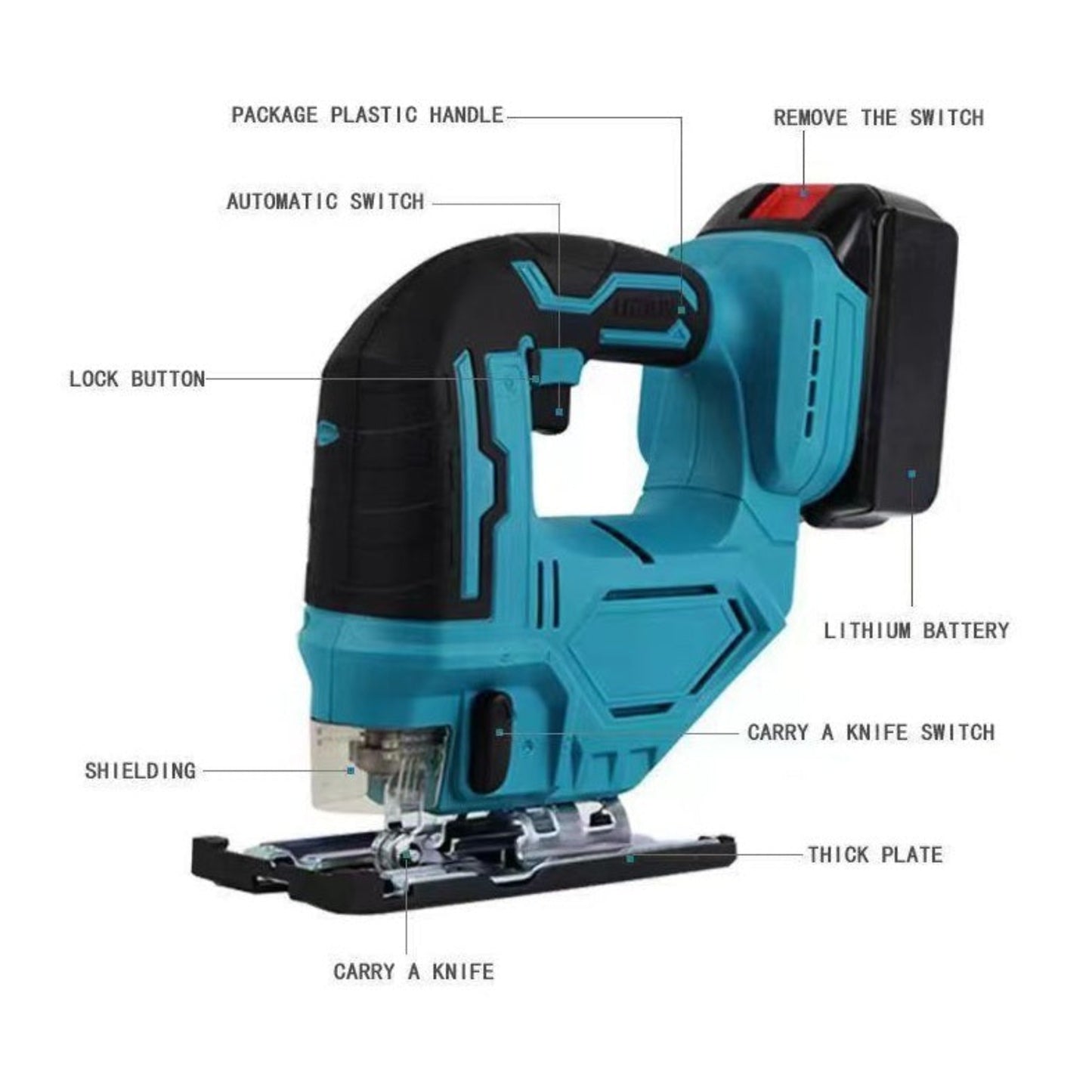 Diagram of the cordless jigsaw pointing out features like the lock button, battery, and shielding.