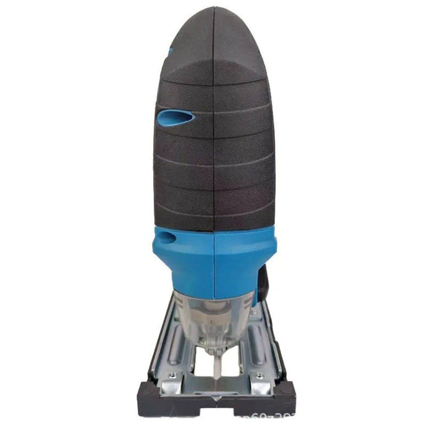 Front-on view of the cordless jigsaw showing the blade, base plate, and top handle.