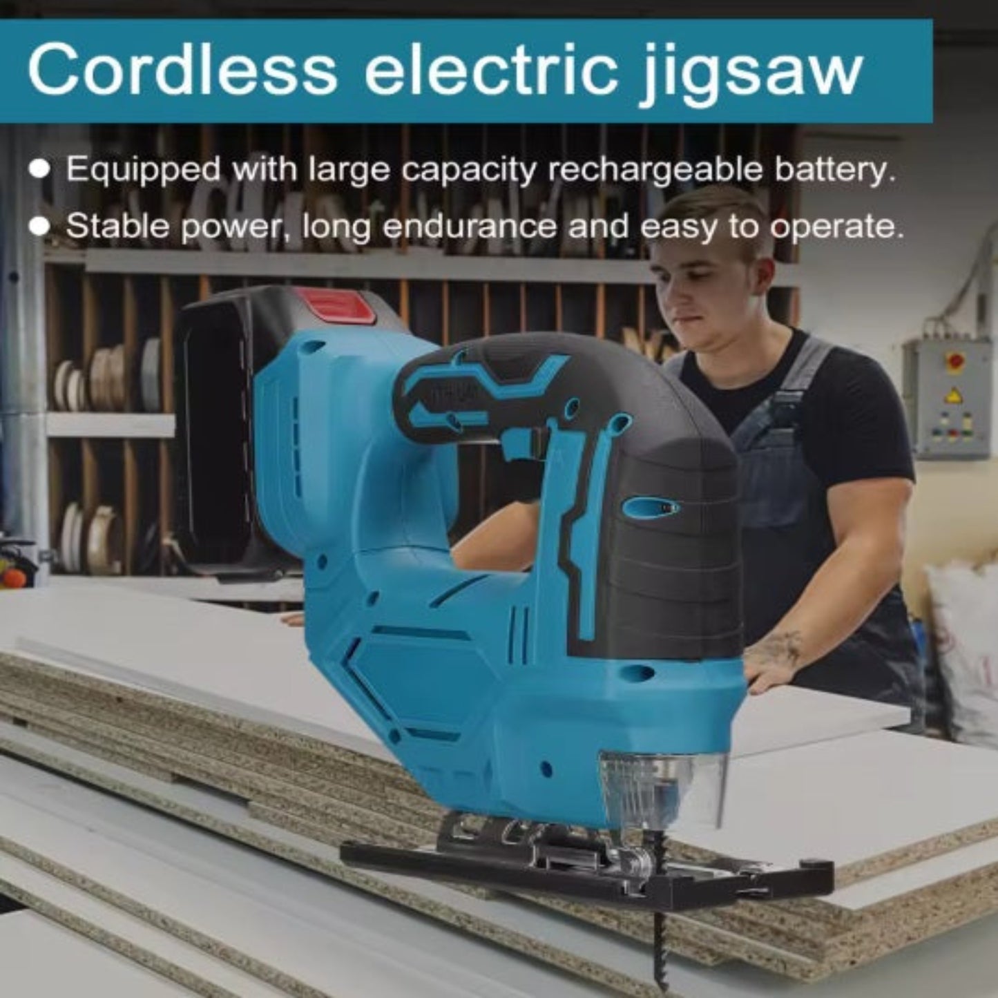 A worker in a workshop using the cordless jigsaw to cut a stack of white wood boards.