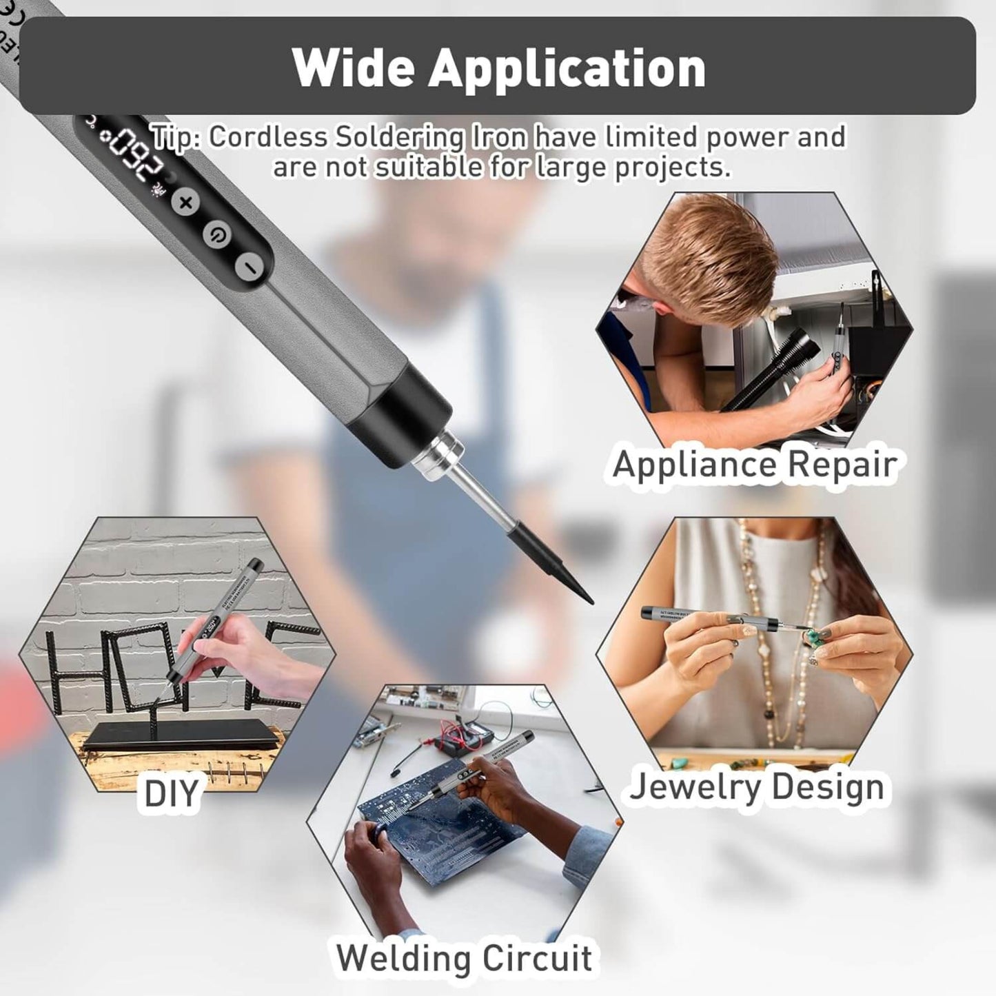 Wireless USB soldering iron kit shown in action for appliance repair, DIY, jewelry design, and welding circuits.