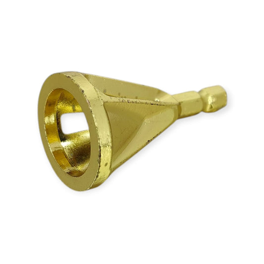 A head-on view of the six cutting flutes inside a gold-colored countersink and deburring drill bit.