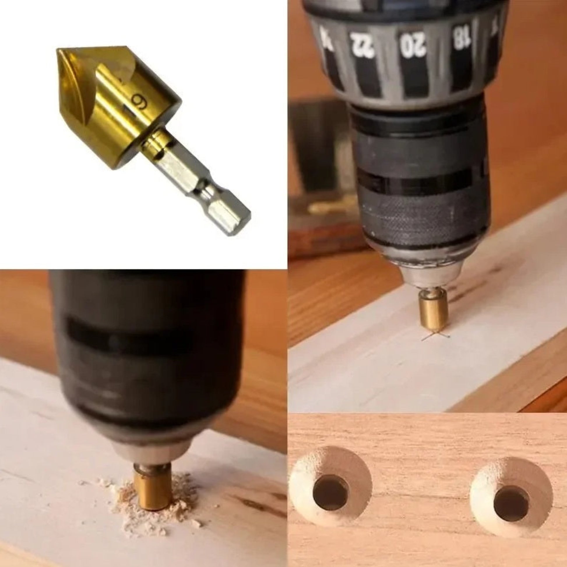 Four-panel image demonstrating a countersink bit in a drill, drilling into wood, and the resulting clean, beveled holes.