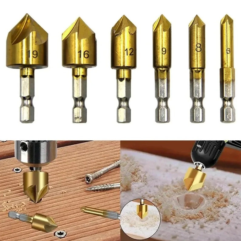 Collage showing six countersink drill bits and two images of a bit being used in a drill on a wooden plank.