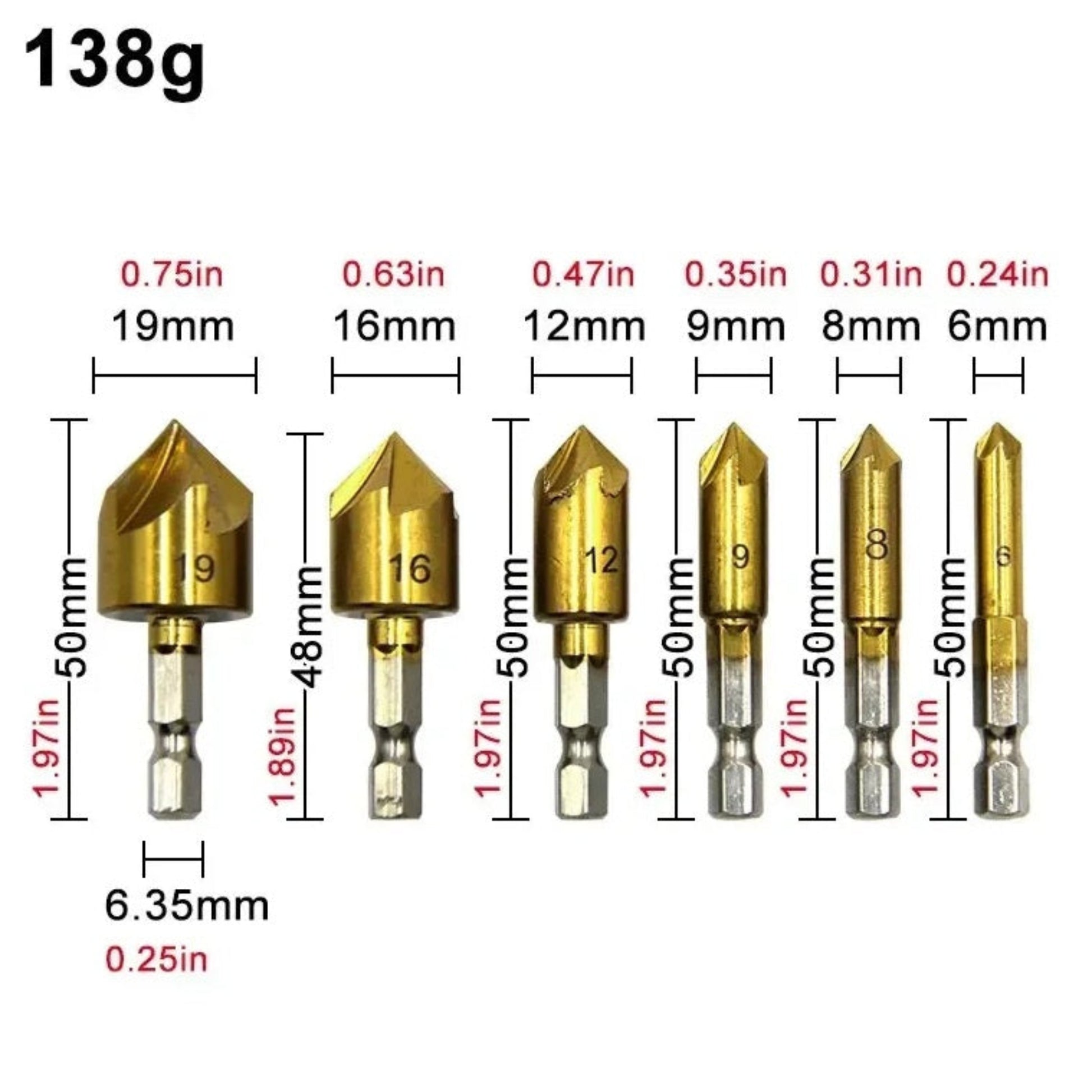 A detailed specification chart showing the dimensions (metric and imperial) of the six countersink drill bits. Total weight listed as 138g.