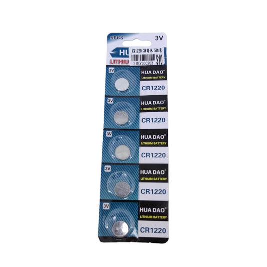 CR1220 3V Lithium coin cell batteries pack of 5 for watches and electronics.
